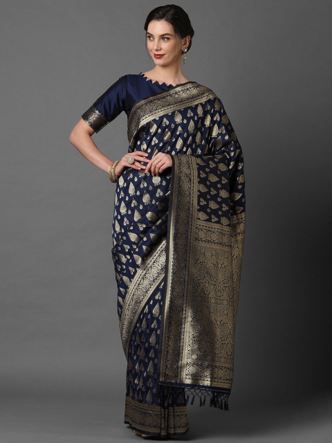 

Mitera Navy Blue & Gold-Toned Ethnic Motifs Zari Banarasi Saree