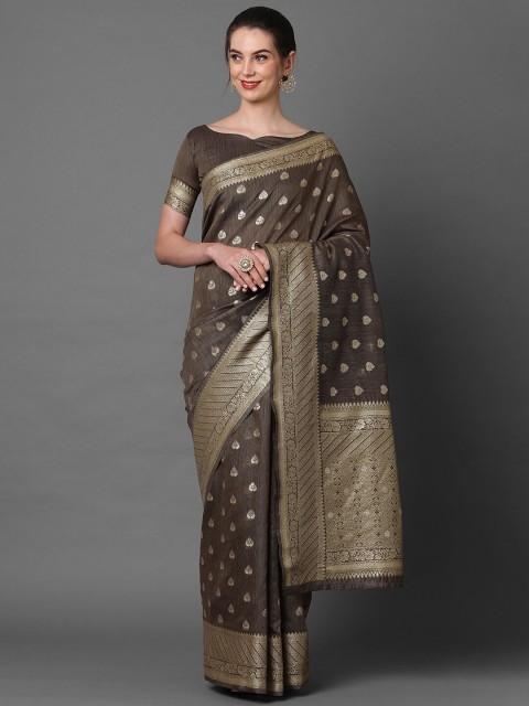 

Mitera Brown & Gold-Toned Floral Zari Banarasi Saree