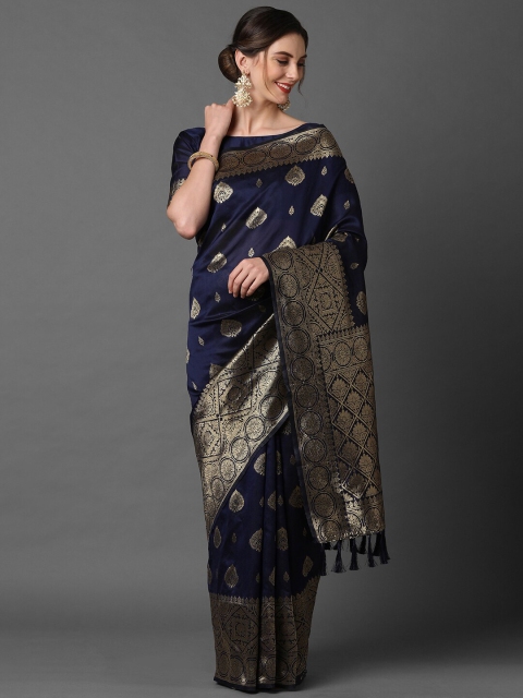 

Mitera Navy Blue & Gold-Toned Woven Design Silk Blend Banarasi Saree