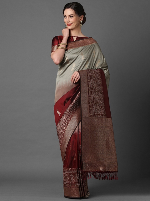 

Mitera Grey & Maroon Ethnic Motifs Zari Banarasi Saree