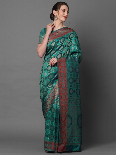 

Mitera Teal & Red Woven Design Satin Banarasi Saree