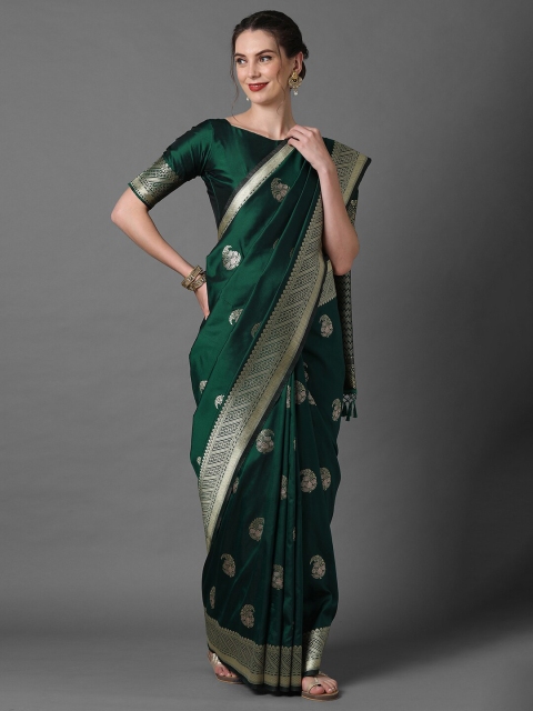 

Mitera Green & Silver-Toned Woven Design Banarasi Saree