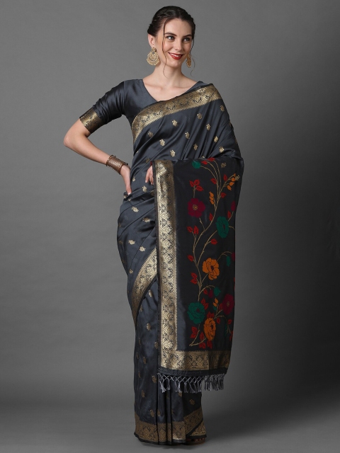 

Mitera Grey & Red Woven Design Silk Blend Banarasi Saree