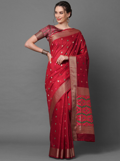 

Mitera Red & Gold-Coloured Ethnic Motifs Woven Design Zari Banarasi Saree