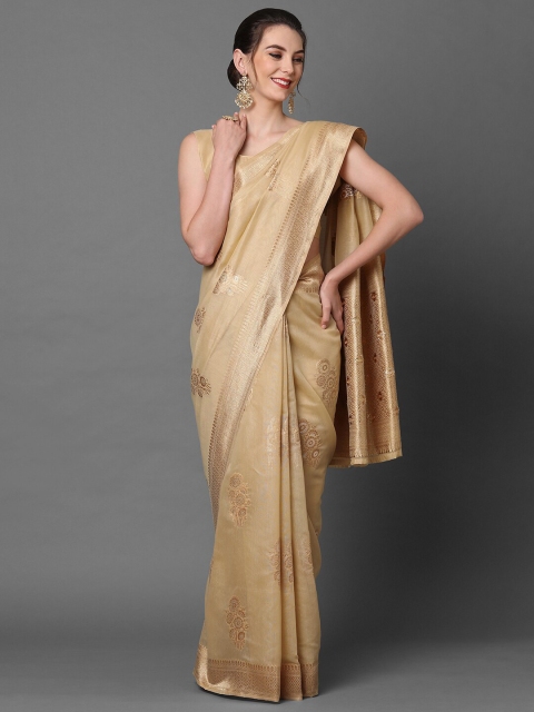 

Mitera Beige & Gold-Coloured Ethnic Motifs Woven Design Zari Silk Blend Banarasi Saree