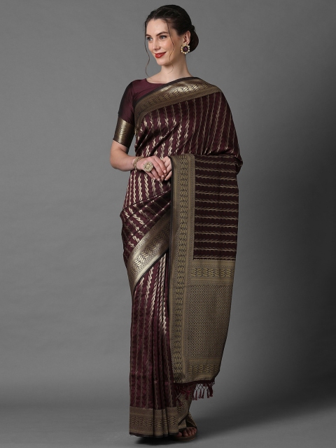 

Mitera Brown & Gold-Coloured Woven Design Zari Silk Blend Banarasi Saree