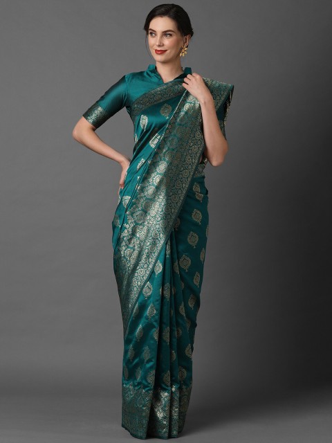 

Mitera Teal & Gold-Toned Woven Design Zari Silk Blend Banarasi Saree