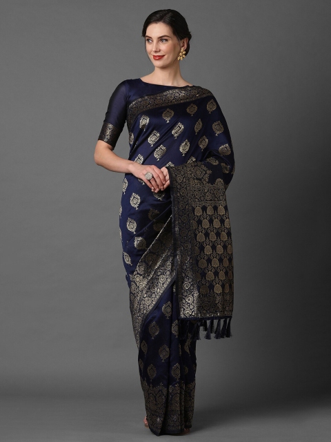 

Mitera Navy Blue & Gold-Coloured Ethnic Motifs Woven Design Zari Silk Blend Banarasi Saree