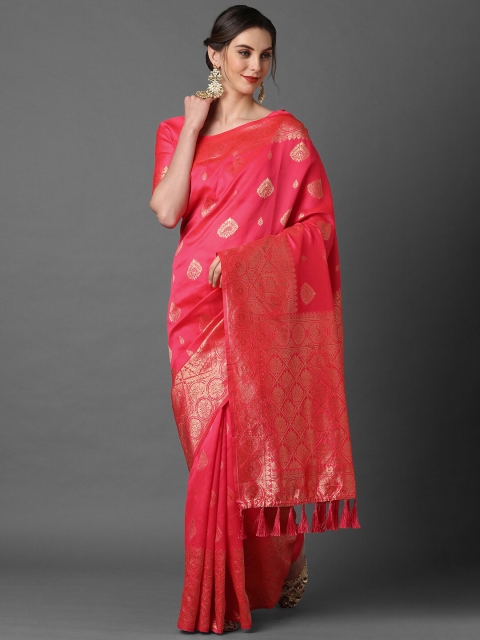 

Mitera Peach-Coloured & Gold-Toned Woven Design Silk Blend Banarasi Saree