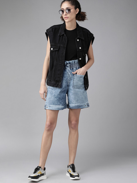 

Roadster Women Blue Washed High-Rise Denim Shorts