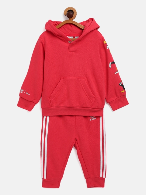 

ADIDAS Originals Kids Coral Red Solid Sustainable Hoodie Set with Mickey & Friends Print Detail