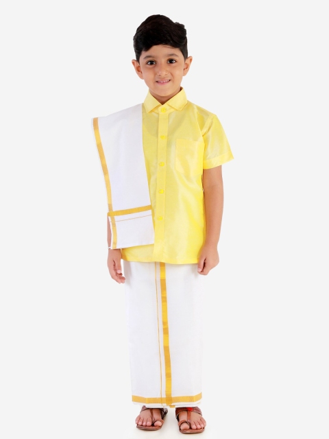 

JBN Creation Boys Yellow & White Shirt with Mundu & Dupatta