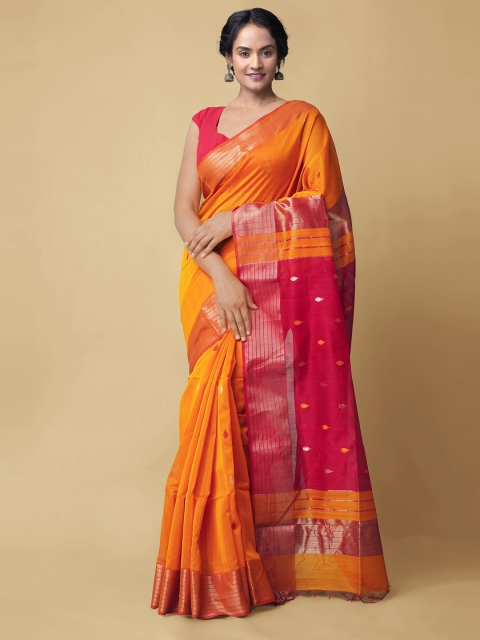 

Unnati Silks Orange & Red Woven Design Pure Handloom Zari Silk Cotton Maheshwari Saree