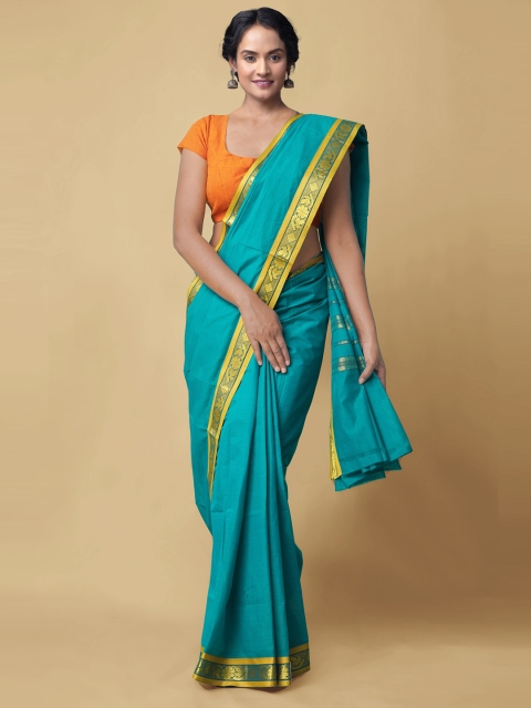 

Unnati Silks Blue & Yellow Woven Design Pure Cotton Kanjeevaram Saree