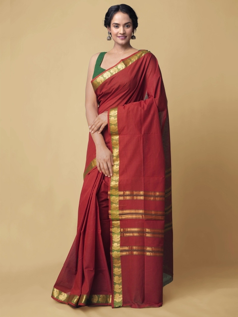 

Unnati Silks Maroon & Gold-Toned Zari Pure Cotton Sustainable Kanjeevaram Saree