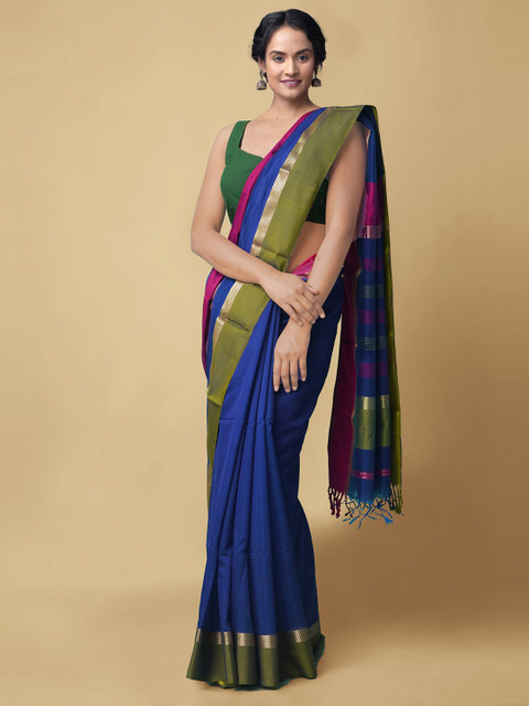 

Unnati Silks Blue & Green Zari Silk Cotton Maheshwari Sustainable Saree