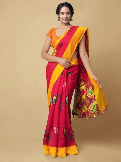 

Unnati Silks Red & Yellow Printed Silk Cotton Chettinad Sustainable Saree
