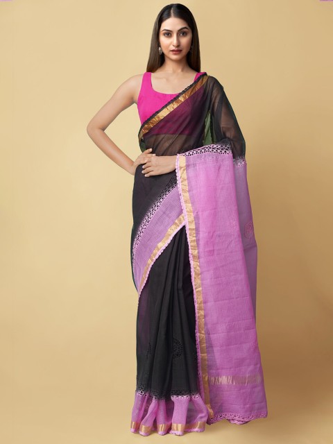 

Unnati Silks Black & Pink Croation Embroidered Pure Cotton Kota Saree