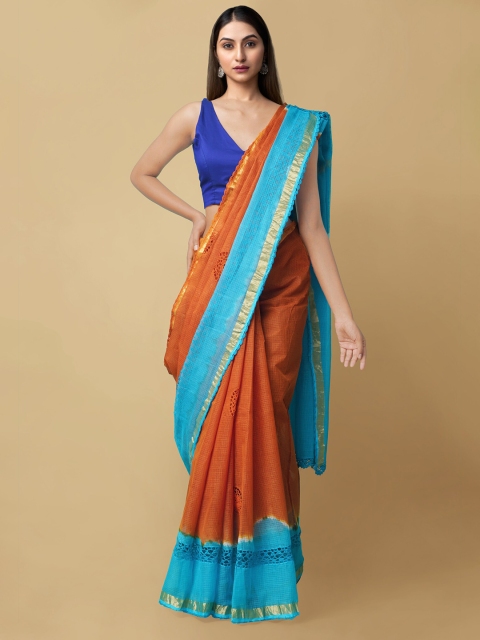 

Unnati Silks Orange & Blue Embroidered Pure Cotton Kota Saree