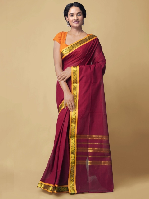 

Unnati Silks Maroon & Gold-Toned Pure Cotton Handloom Sustainable Kanjeevaram Saree