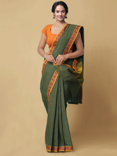 

Unnati Silks Green & Yellow Checked Pure Pavni Handcrafted Cotton Chettinad Saree
