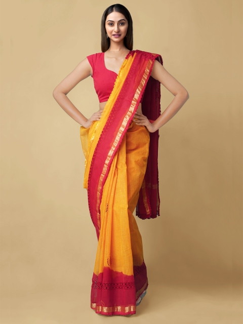 

Unnati Silks Orange & Red Embroidered Pure Cotton Kota Saree