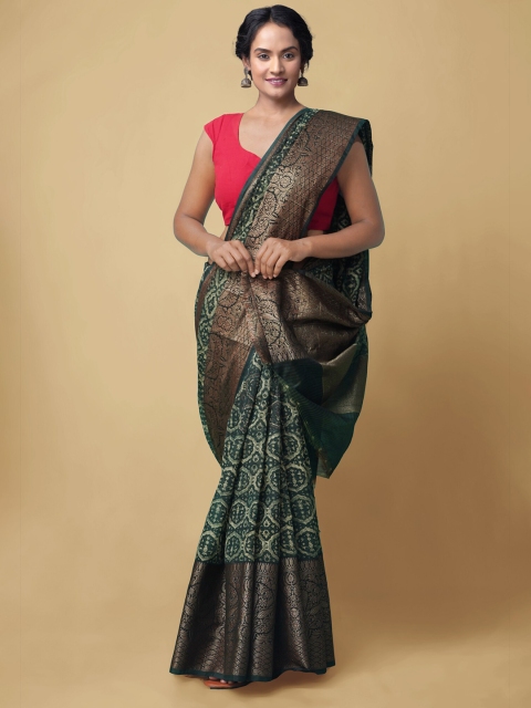 

Unnati Silks Green & Gold-Coloured Ethnic Motifs Woven Design Silk Cotton Maheshwari Saree