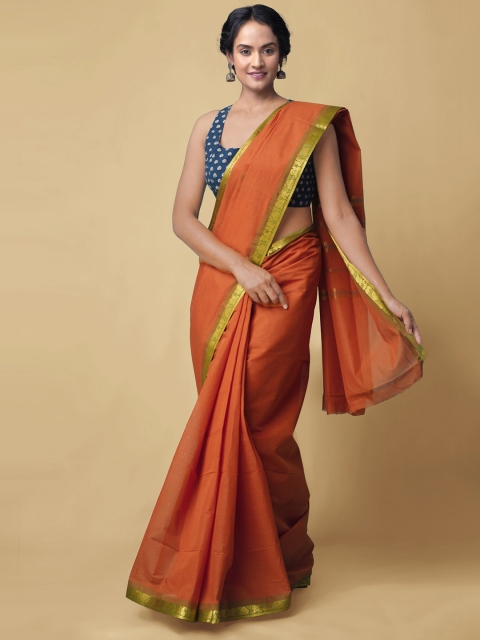 

Unnati Silks Orange & Gold-Toned Pure Cotton Sustainable Kanjeevaram Saree