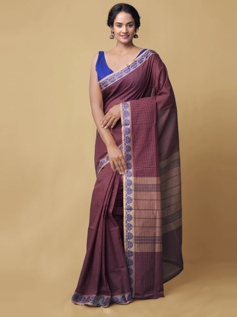 

Unnati Silks Burgundy & Blue Checked Pure Cotton Chettinad Saree