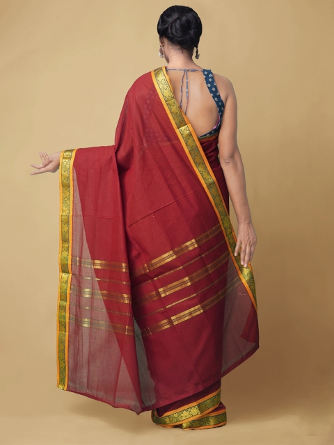 

Unnati Silks Red & Gold-Coloured Zari Pure Pavni Handcrafted Kanchi Cotton Saree