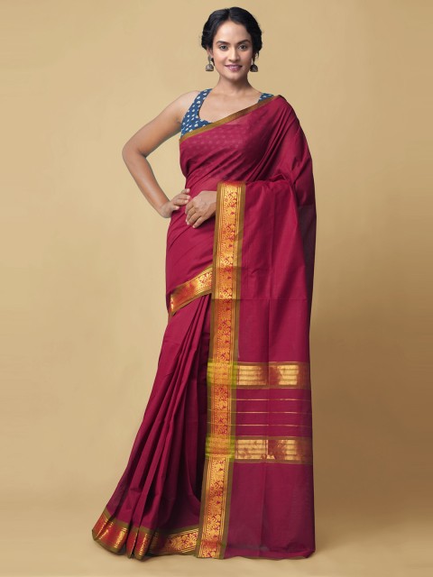 

Unnati Silks Maroon & Gold-Toned Zari Pure Cotton Kanjeevaram Sustainable Saree