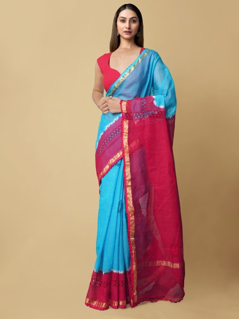 

Unnati Silks Blue & Red Embroidered Zari Pure Cotton Kota Sustainable Saree