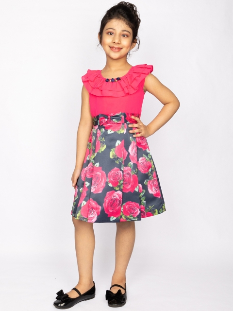 

Peppermint Girls Pink & Grey Floral Printed Fit & Flare Dress With Bow