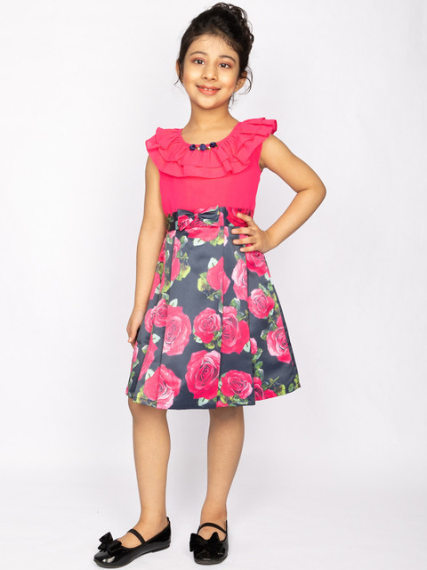 

Peppermint Girls Pink & Grey Floral Printed Fit & Flare Dress With Bow