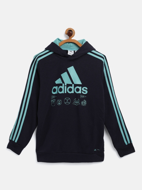 

ADIDAS Kids Navy Blue & Green U Monster HD Brand Logo Hooded Sweatshirt
