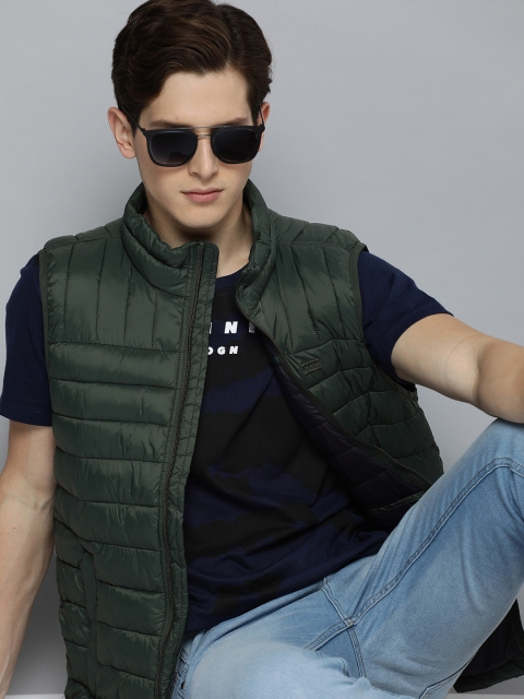 

Levis Men Dark Green Solid Mock-Collar Sleeveless Quilted Jacket