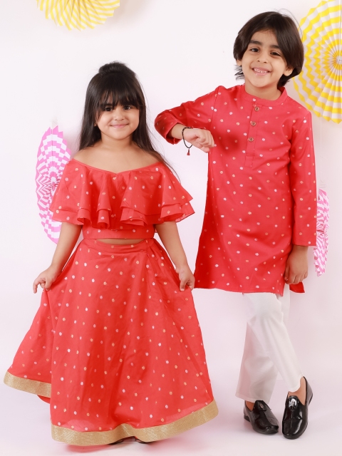 

Lil Peacock Girls Red & Golden Polka Dots Embellished Ready to Wear Lehenga &