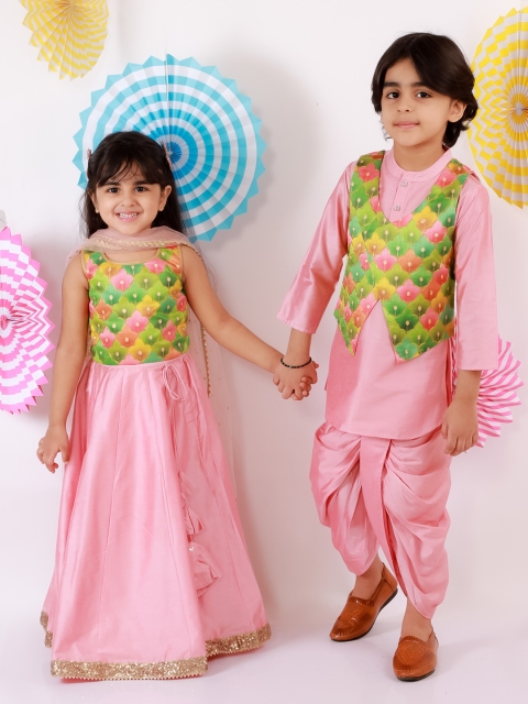 

Lil Peacock Girls Pink & Green Printed Ready to Wear Lehenga & Blouse With Dupatta