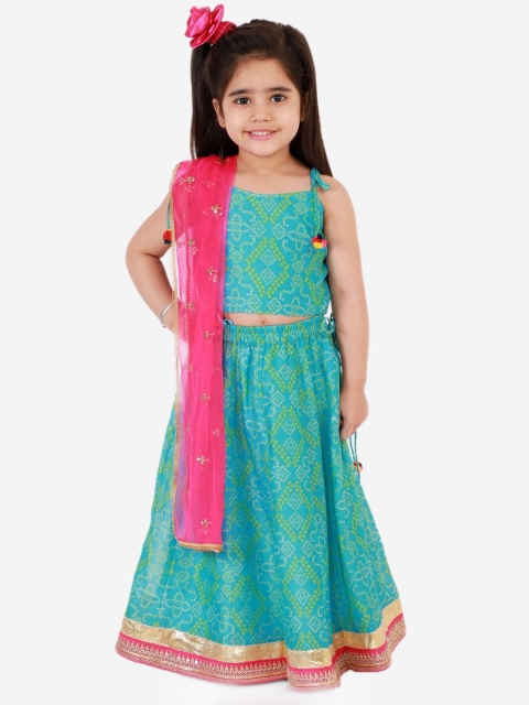 

Lil Peacock Girls Sea Green & Pink Embellished Ready to Wear Lehenga & Blouse With Dupatta