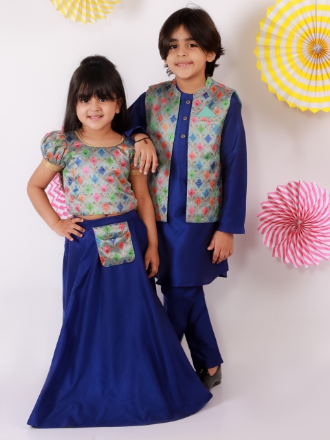 

Lil Peacock Girls Blue & Red Ready to Wear Lehenga