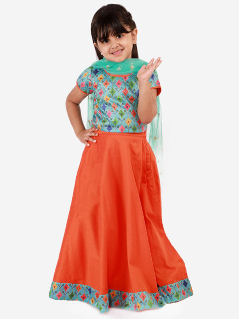 

Lil Peacock Girls Sea Green & Orange Embroidered Ready to Wear Lehenga & Blouse With Dupatta