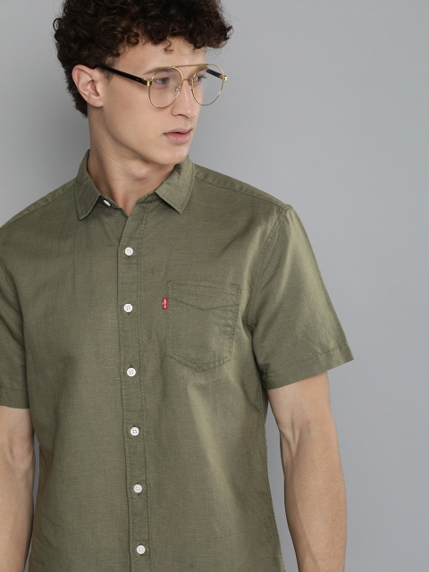 

Levis Men Olive Green Solid Slim Fit Opaque Casual Shirt