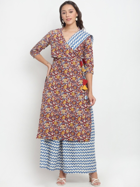 

DIVA WALK Women Maroon Kalamkari Printed Angrakha Kurta with Skirt & Dupatta