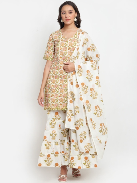 

DIVA WALK Women White Floral Printed Pure Cotton Kurti with Sharara & With Dupatta