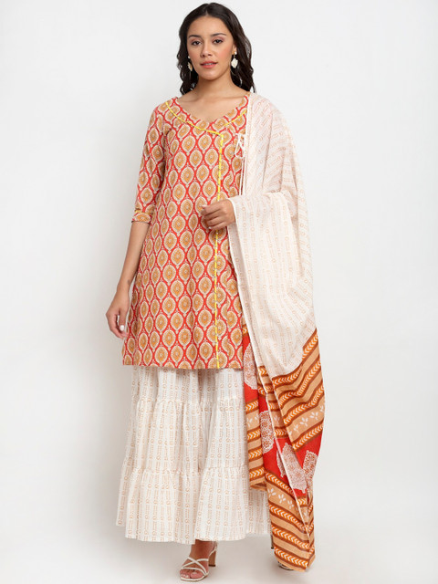 

DIVA WALK Women Red Printed Panelled Kurti with Palazzos & With Dupatta