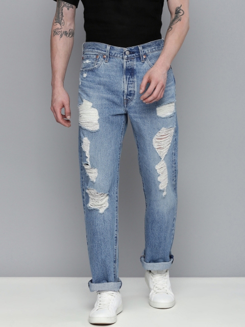 

Levis Men Blue 501 Straight Fit Highly Distressed Light Fade Jeans