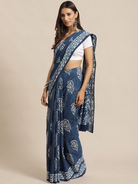 

Libas Blue & Off White Paisley Printed Pure Cotton Fusion Saree