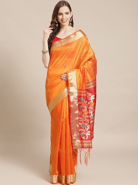 

Libas Orange & Red Woven Design Brocade Fusion Saree