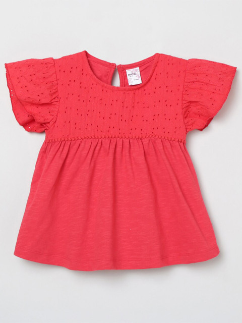 

max Girls Red Flutter Sleeve A-Line Schiffli Cotton Top