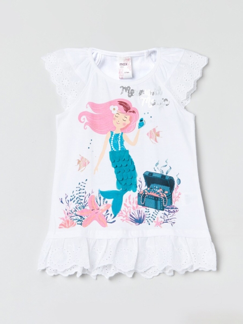 

max Girls White & Turquoise Blue Graphic Printed Applique Details Pure Cotton Top